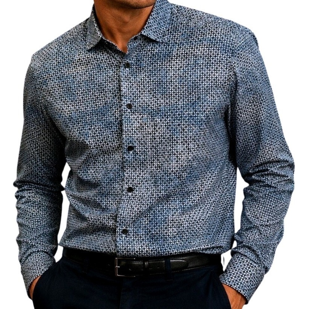 Emanuel Berg Button Down Mens M Blue Cotton Geometric Modern Fit Dress Shirt